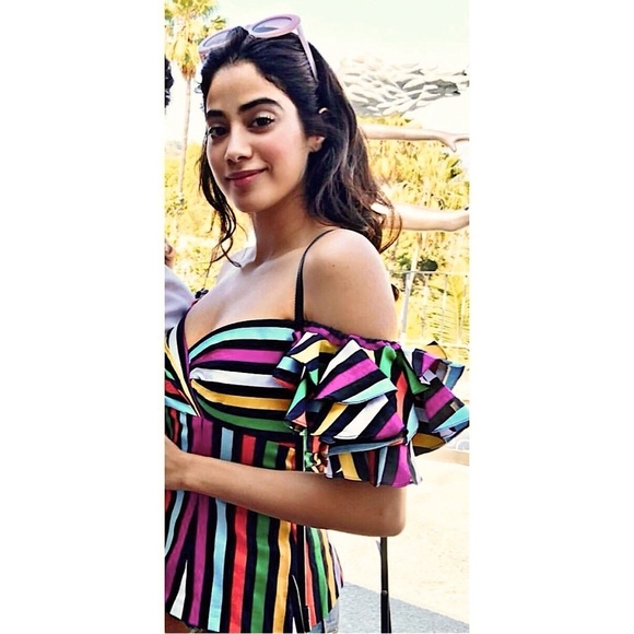 CAROLINE CONSTAS Rainbow Stripe Sweetheart Neck Ruffled Off Shoulder Top XS - Picture 6 of 11